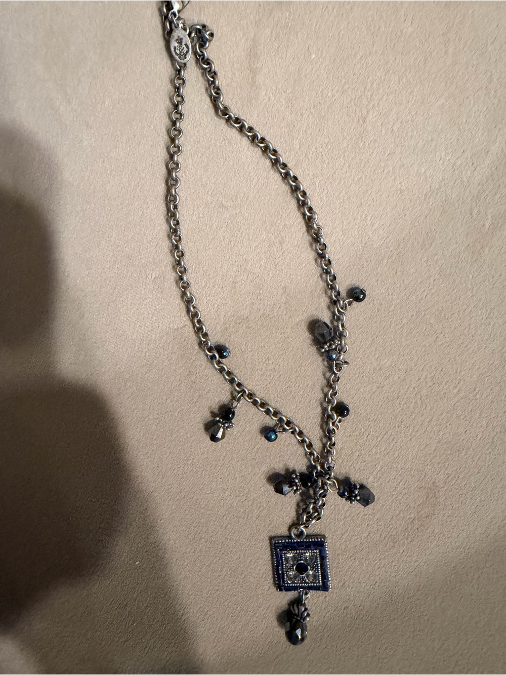 Silver-Tone Necklace with Dark Blue Crystal Charms vintage
